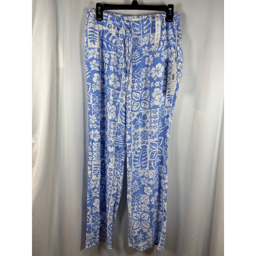 Cali 1850 Womens Linen Blend Beach Pants Blue White Tropical Floral Large NWT